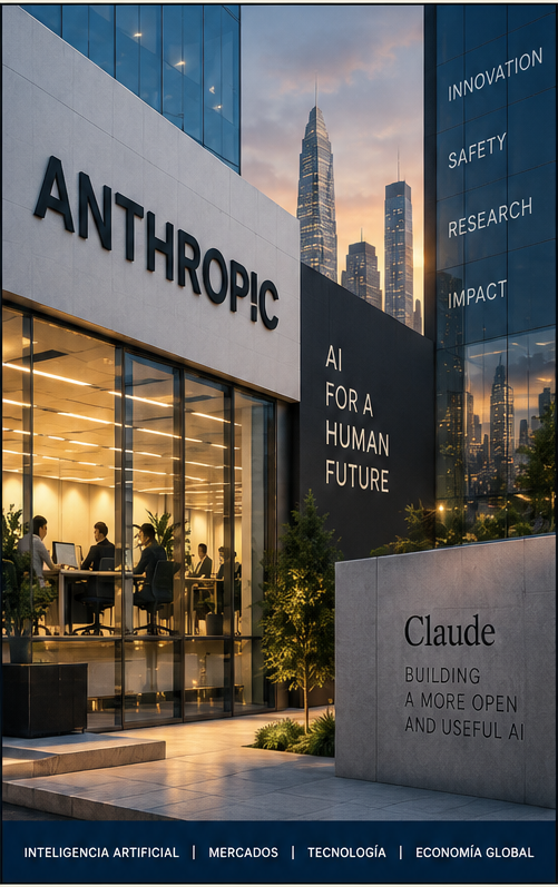 Ilustración editorial sobre Anthropic y el negocio de la inteligencia artificial