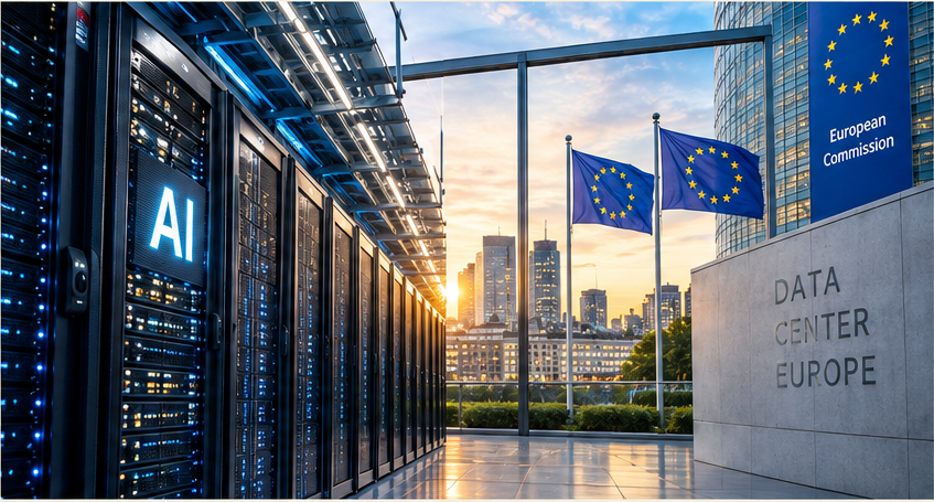 Ilustración editorial sobre inteligencia artificial, centros de datos e inversión en Europa