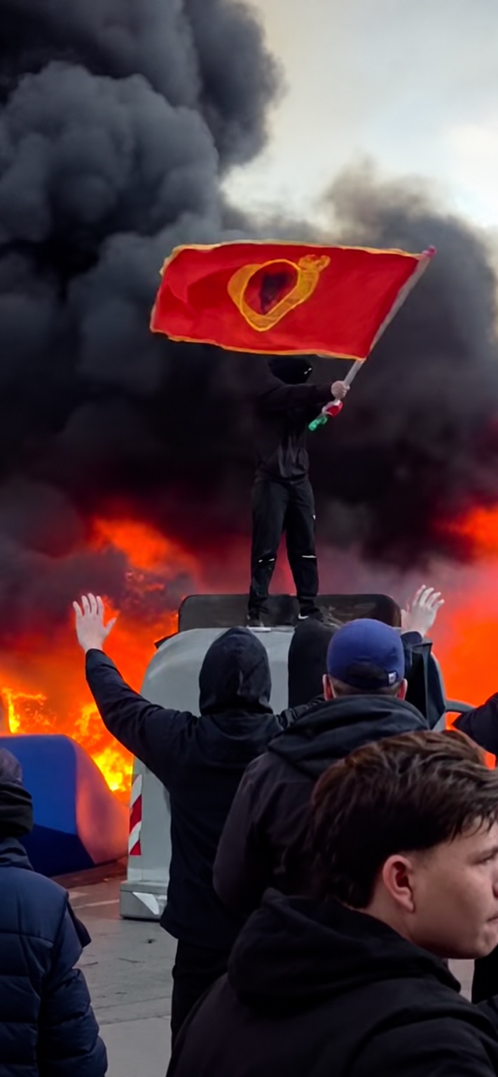 Imagen retocada con IA de una persona con un estandarte rojo ante humo y fuego, facilitada por el editor